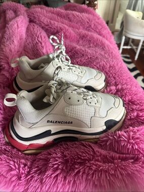 Balenciaga White Chunky Triple-S Inspired Sneakers with Black and Pink Accents